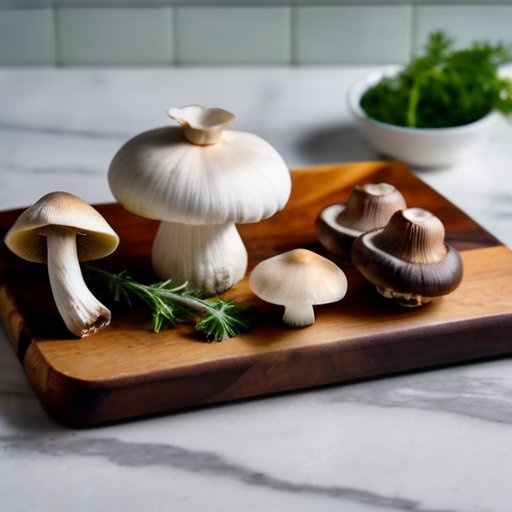 Деревянная разделочная доска с грибами, зеленью и кипящей кастрюлей.