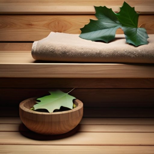 Интерьер традиционной деревянной сауны с веником из дубовых листьев на скамейке и чашей с паром. Теплое освещение создает расслабляющую атмосферу.