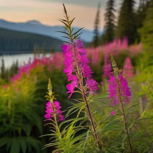 Цветущее поле узколистного кипрея с ярко-розовыми цветами и зелеными стеблями на фоне солнечного пейзажа.