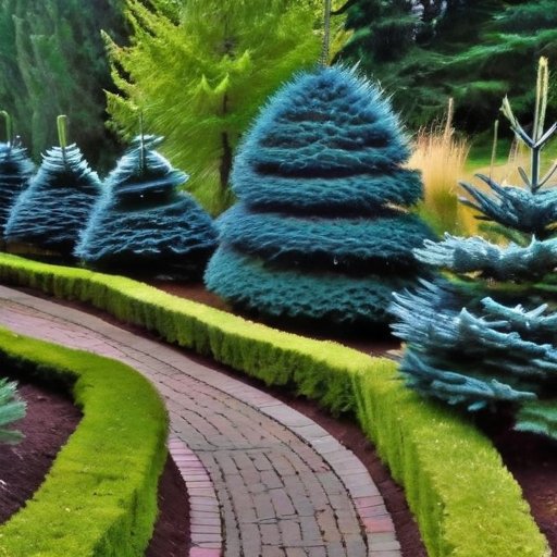 Солнечный сад с голубыми елями разных размеров на ухоженной земле.