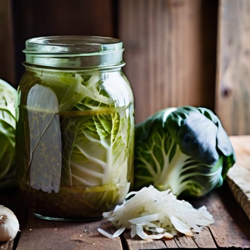 Банка с квашеной капустой на деревянном столе, рядом деревянная ложка и соль.