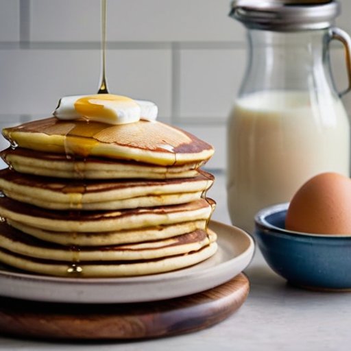 Картинка с аккуратно сложенной стопкой золотистых блинов на деревянном столе, окруженной ингредиентами для их приготовления.