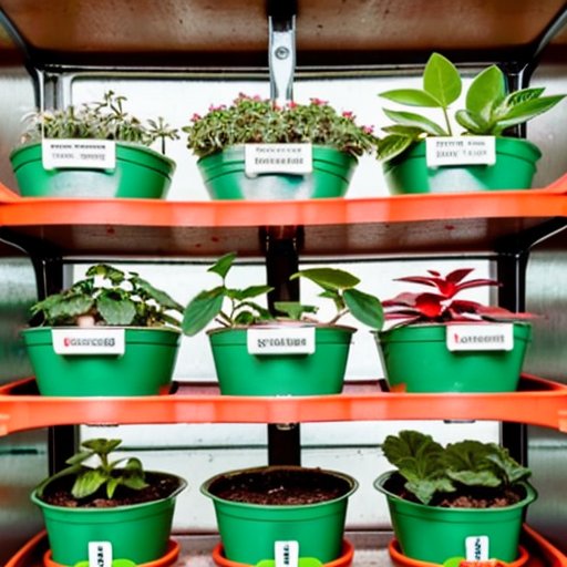 Упорядоченная установка дляIndoor gardening с рассадой под светом, термометром, лейкой и таблицей удобрений.