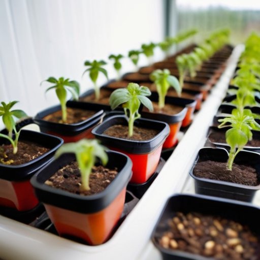 Организованный рассадник томатов с ярким освещением и здоровыми растениями.