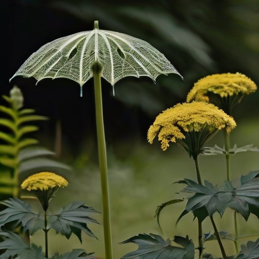 Гигантский борщевик с цветами и листьями на фоне местных растений, инструменты для удаления и предупреждающий знак.