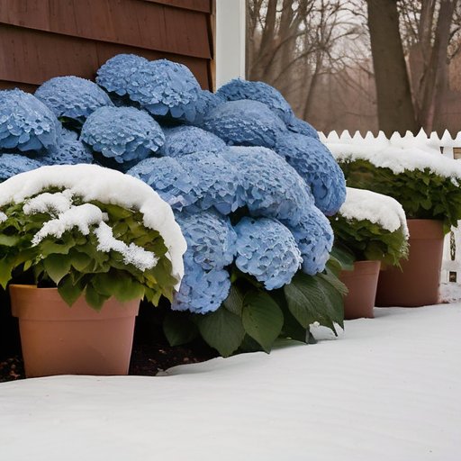 Зимний сад: гортензии, мульча, обрезанные ветви, осенние листья, снежинки, деревянный забор, мороз на растениях.