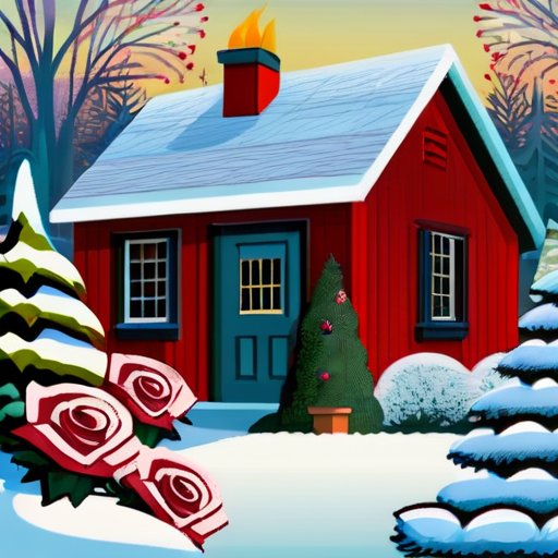 Зимний сад с обрезанными розами, укрытыми мульчей и легким инеем, уютная садовая хижина на фоне, легкий снегопад.