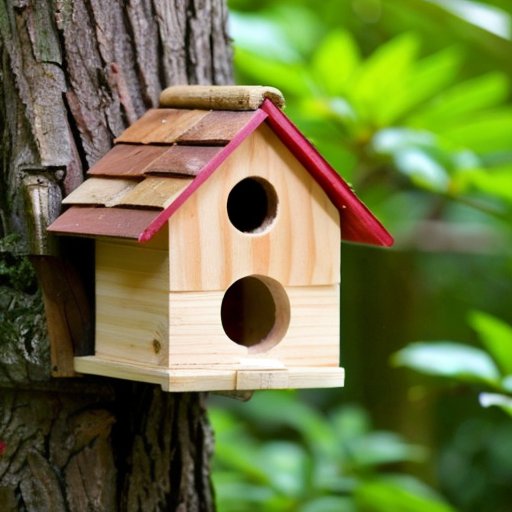 Деревянный скворечник под деревом с вентиляцией и наклонной крышей, окруженный природными элементами и инструментами для сборки.