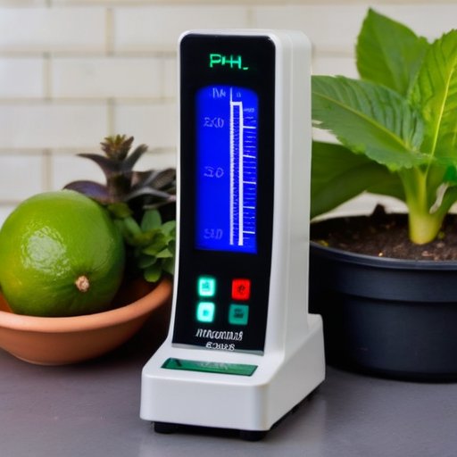 pH-метр и образец почвы на фоне цветущего сада, с цветной шкалой pH и контейнерами с известью и серой для улучшения почвы.