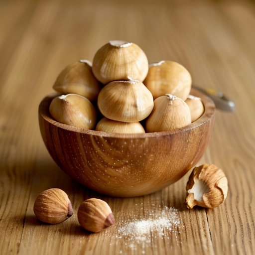 Макдамия на деревянной поверхности с молотком и орехоколом, рядом миска с ядрами.