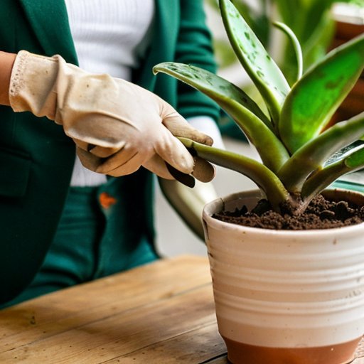 Пересадка зелёного растения замиокулькаса в стильный горшок в светлом помещении.