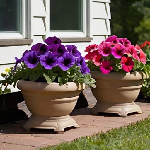 Сад петуний с яркими цветами, здоровыми саженцами и инструментами для садоводства на солнечном дне.