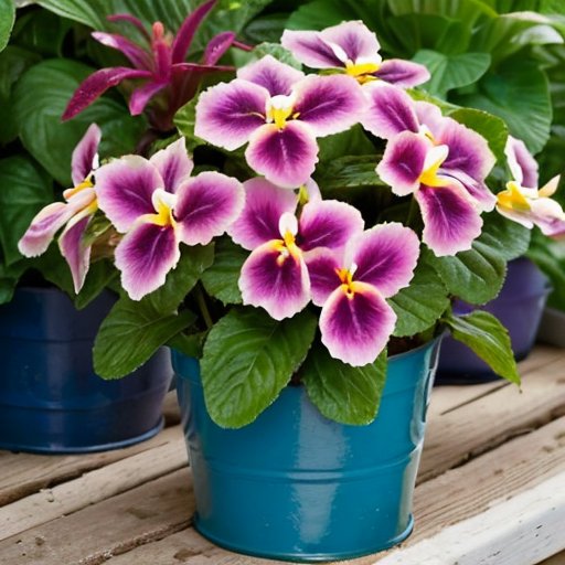 Яркая выставка комнатных растений с цветущими африканскими фиалками в различных оттенках, горшками с органической почвой и удобрениями.