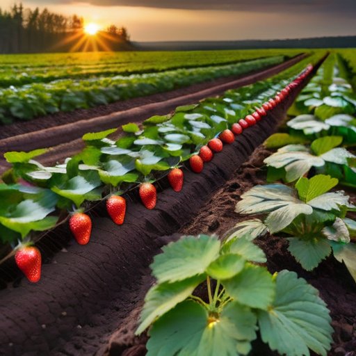 Яркое поле клубники весной с подготовленной почвой и удобрениями.