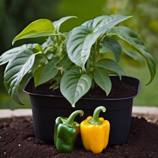 Перец в саду с удобрениями и инструментами для ухода.