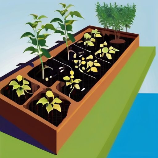 Упорядоченная овощная грядка с рассадами перца, контейнерами для удобрений и садовыми инструментами на фоне ясного голубого неба.