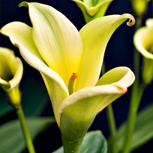 Цветущий сад с яркими каллами, зелеными листьями и солнечным местом.