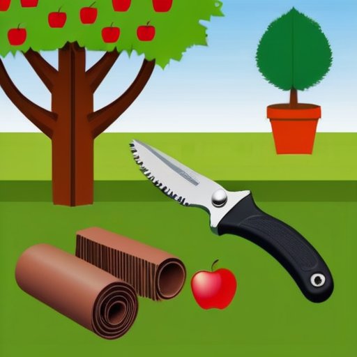 Организованное рабочее место для прививки с инструментами, черенками яблонь и ярким фоном.