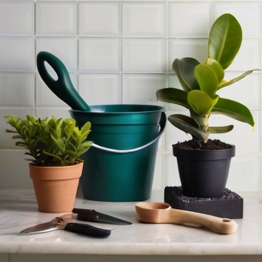 Организованная станция для пересадки с инструментами и растением zamioculcas на фоне солнечного окна.