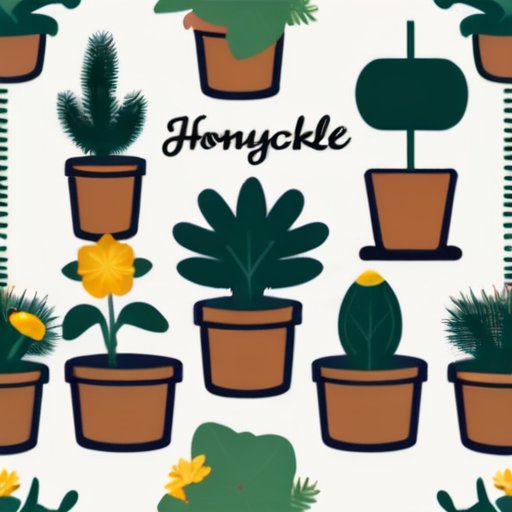 Спокойный сад с разными сортами жимолости, инструментами для садоводства и сезонными изменениями.