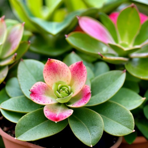 Здоровое растение каланхоэ в стильном горшке, окруженное садовыми инструментами в светлом помещении.