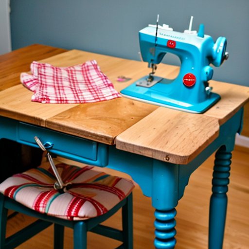 Аккуратное швейное рабочее место с ножницами, сантиметром, разноцветными тканями и швейной машинкой на деревянном столе. Полуготовая наволочка с видимыми швами