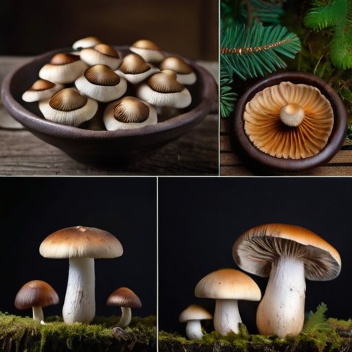 Деревянный стол с грибами: шампиньоны, белые, лисички и опята, с указанием времени приготовления. На фоне - кастрюля с кипящей водой и свежие травы. Теп