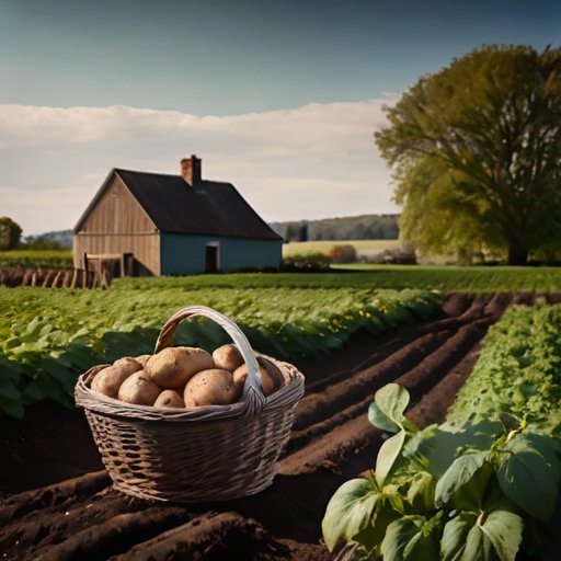 Сельский сад с свежими картошкой и растениями, деревянная корзина и инструменты для сбора.