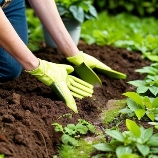 Ухоженный сад с ровной землёй, аккуратными грядками и инструментами для садоводства.