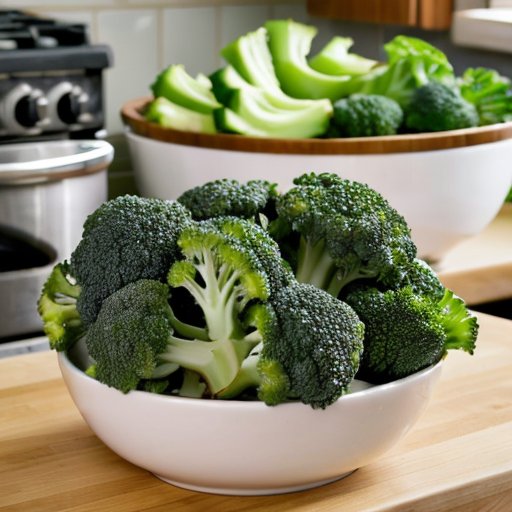 Свежие соцветия брокколи на разделочной доске с посудой для бланширования и упаковкой для заморозки.