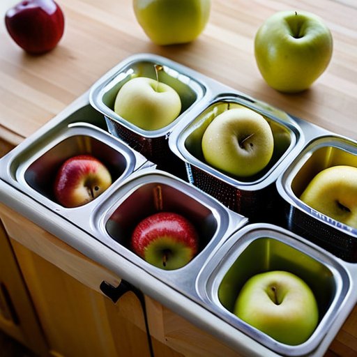 Упорядоченный морозильник с контейнерами замороженных яблок, яркие яблоки на доске рядом с лимоном.