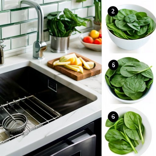 Организованный кухонный стол с свежим шпинатом, кастрюлей с кипящей водой, дуршлагом и контейнерами для хранения.