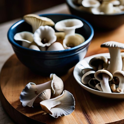 Свежие вешенки на деревянной кухонной столешнице с миской бланшированных грибов и контейнерами для заморозки.