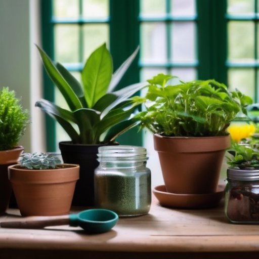 Уютный садовый уголок с организованным рабочим местом, контейнерами с ингредиентами и яркими растениями на фоне.