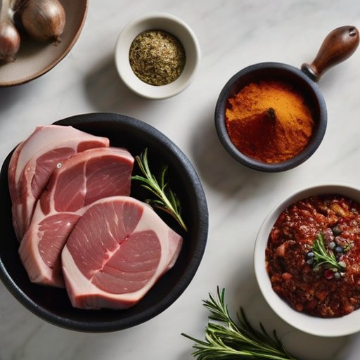 Эстетически оформленная кухня с мясом, специями и кухонными принадлежностями.