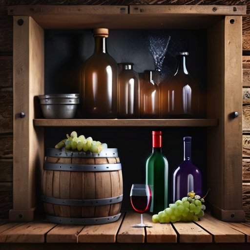 Деревенский винодельческий уголок с виноградом, прессом и бочками.