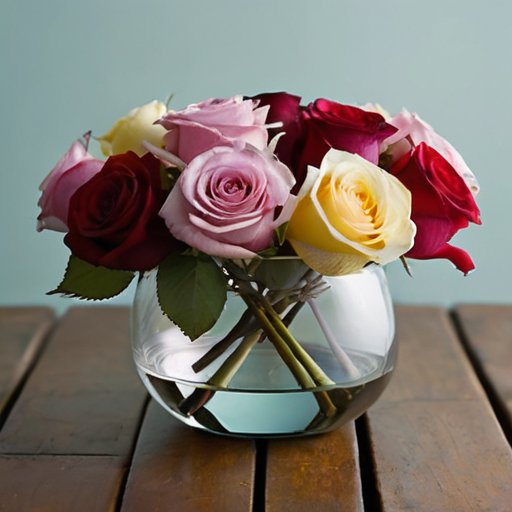 Элегантная ваза с розами на деревянном столе, мягкий свет, рядом чаша с натуральными добавками.