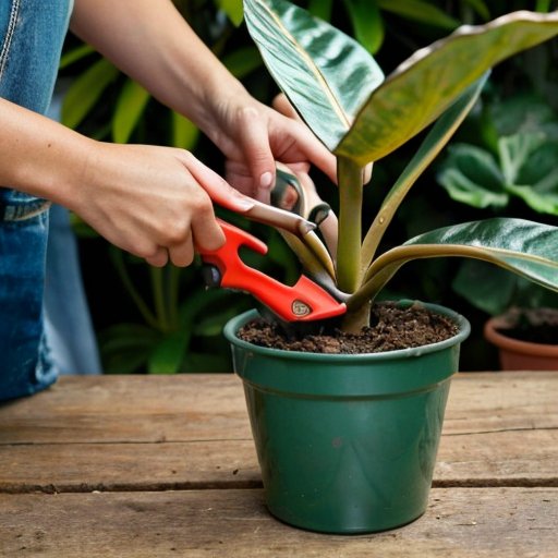 Цветущий замиокулькас в ярком интерьере с инструментами для ухода.