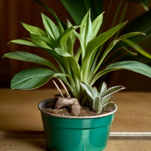 Зеленый хлорофитум с изогнутыми листьями и детками на фоне светлого интерьера и садовых инструментов.