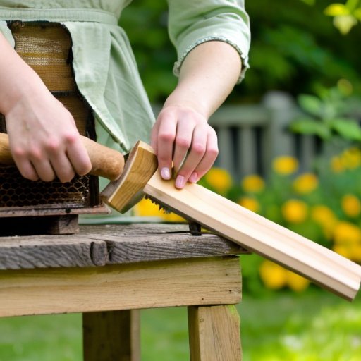 Уютный улей в саду с цветами и инструментами для пчеловодства.