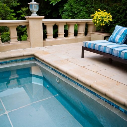 Элегантная лестница для бассейна из нержавеющей стали и нескользящих пластиковых ступеней рядом с чистым синим бассейном.