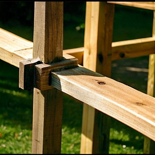 Деревянный забор в процессе строительства на фоне спокойного сада с инструментами и зеленью.