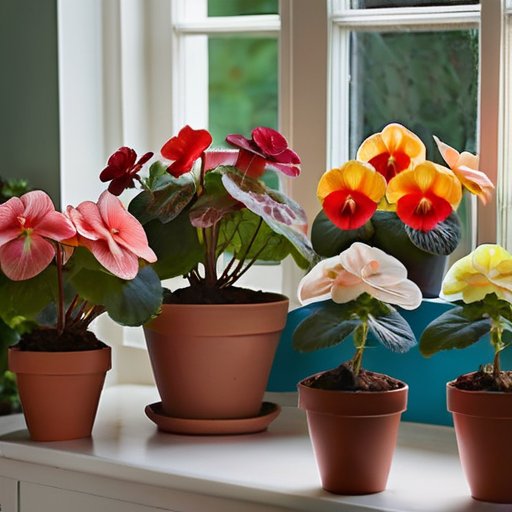 Уютный внутренний сад с яркими бегониями, близкие планы листьев и цветов, на фоне садовые инструменты.