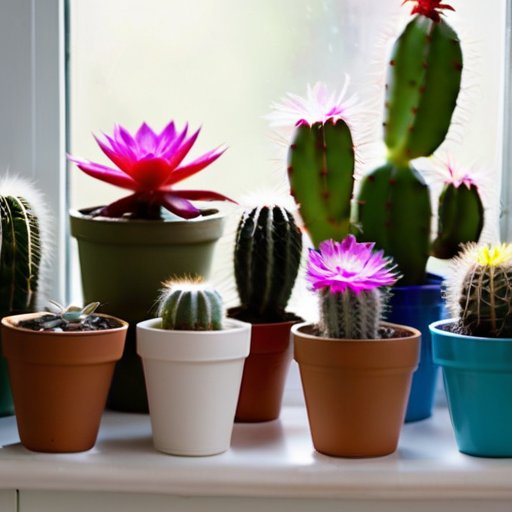 Яркий интерьерный сад с рождественскими кактусами разных стадий роста, семенами и инструментами для ухода.