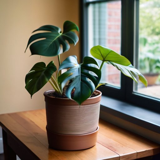 Яркая Монстера в светлом интерьере с садовыми инструментами и солнечным окном.