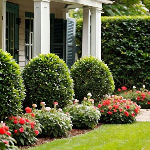 Сад с подстриженными кустами, садовыми инструментами и знаком о сезоне посадки.