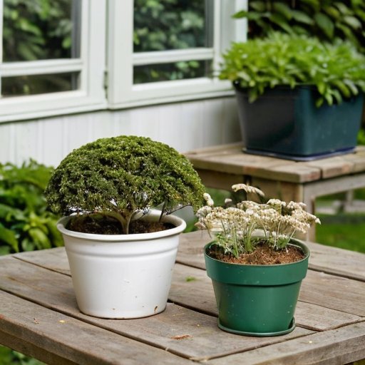 Садовая сцена с туями в горшках и садовыми инструментами на деревянном столе.