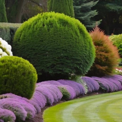 Серene сад с различными видами туи, ухоженными растениями и спокойной атмосферой.