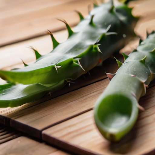 Здоровое растение алоэ вера с свежесрезанным листом на деревянном столе, мягкий фон и теплый свет.