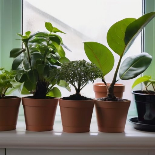 Спокойный интерьер с растениями фикуса, инструментами для ухода и мягким светом.